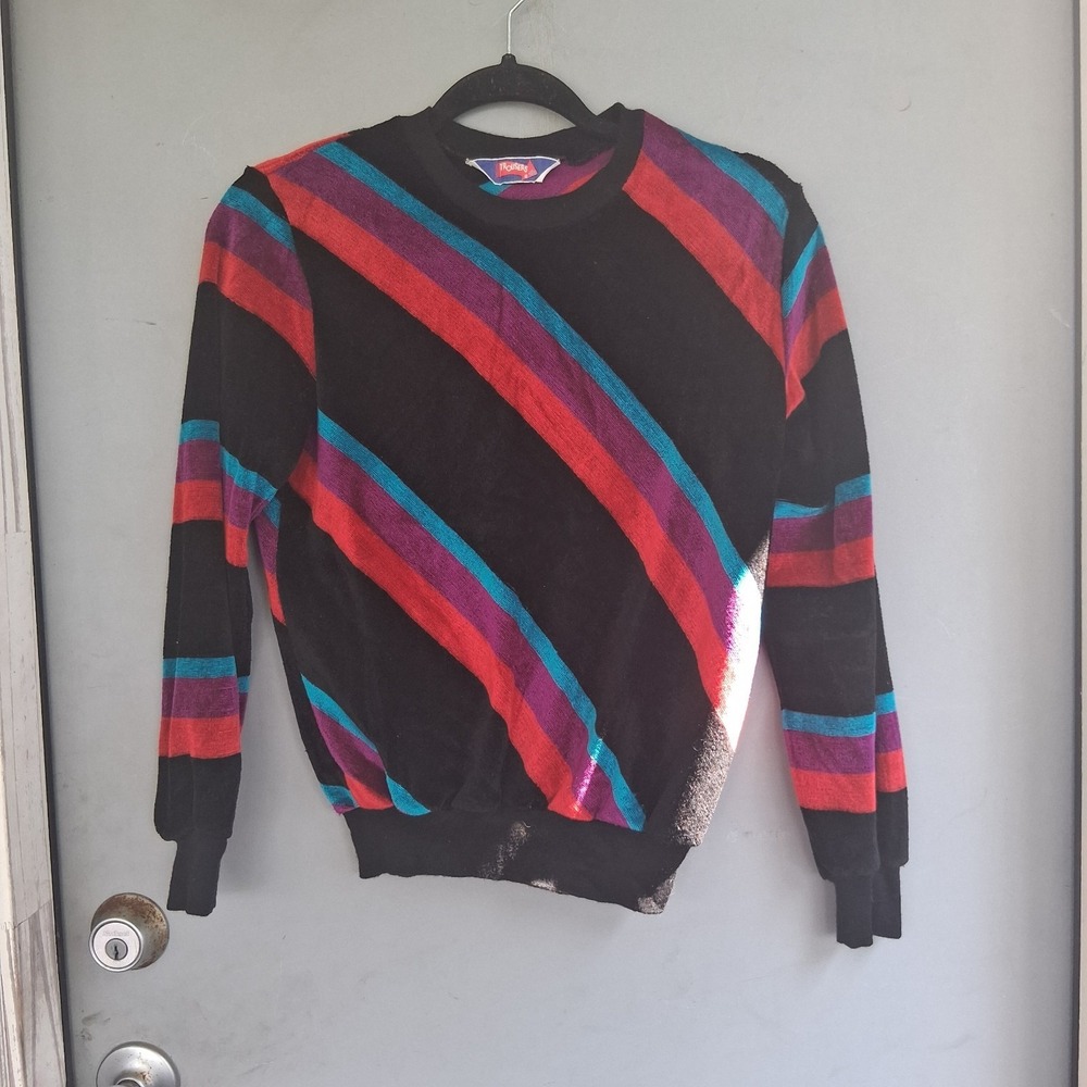 Vintage 80s Velour Black Red Magenta Teal Stripe Sweater EUC Union Made USA S